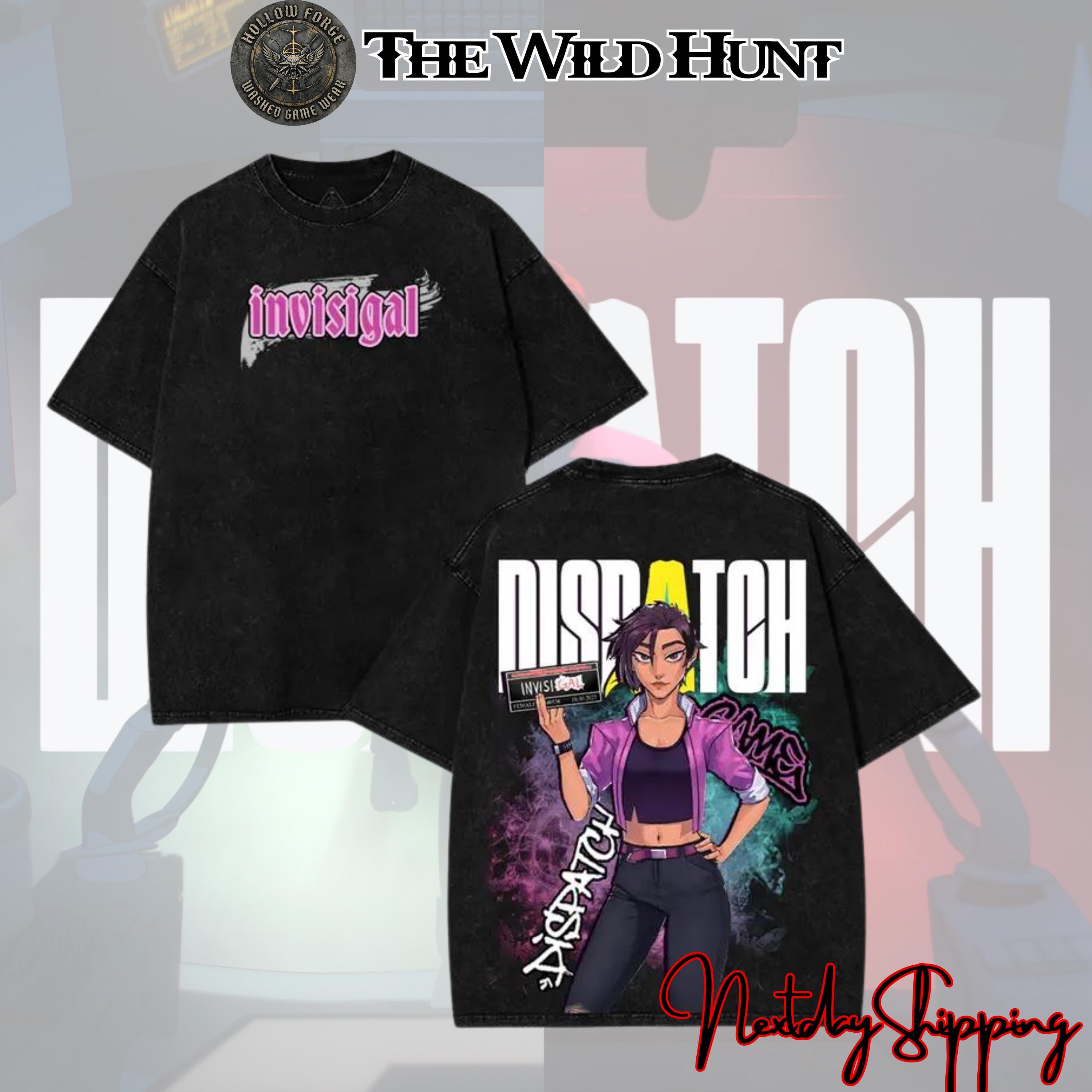 Invisigal Pink Neon Girl Dispatch Games Comic Super Hero Cartoon Game Movie Game 2 sided Washed Printed Graphic Tees, Streetwear Shirt