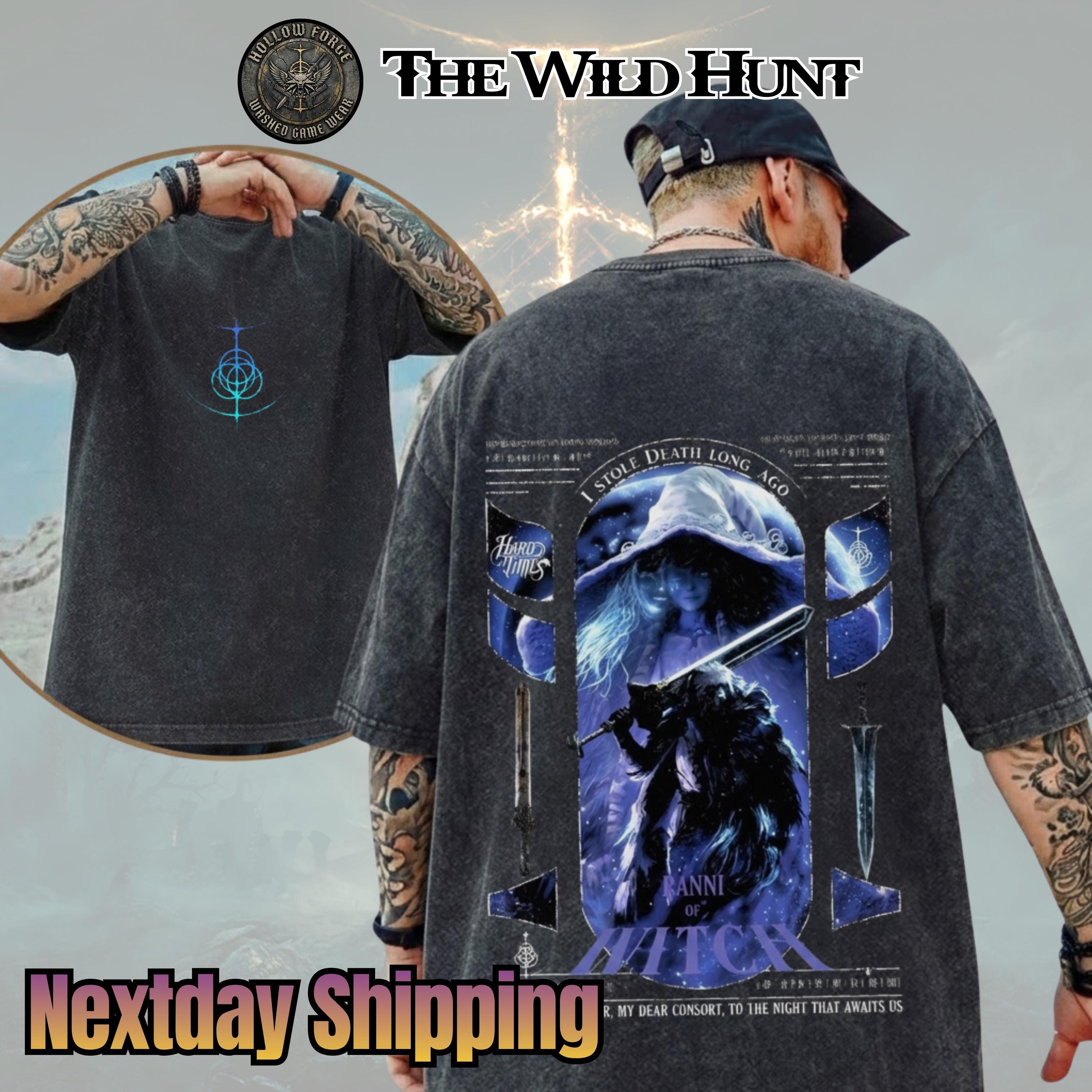 Ranni the Witch x Blaidd the Half-Wolf Elden Ring Retro Vintage Unisex Oversize Anime Manga Acid Washed, Cool Gaming Gift for him