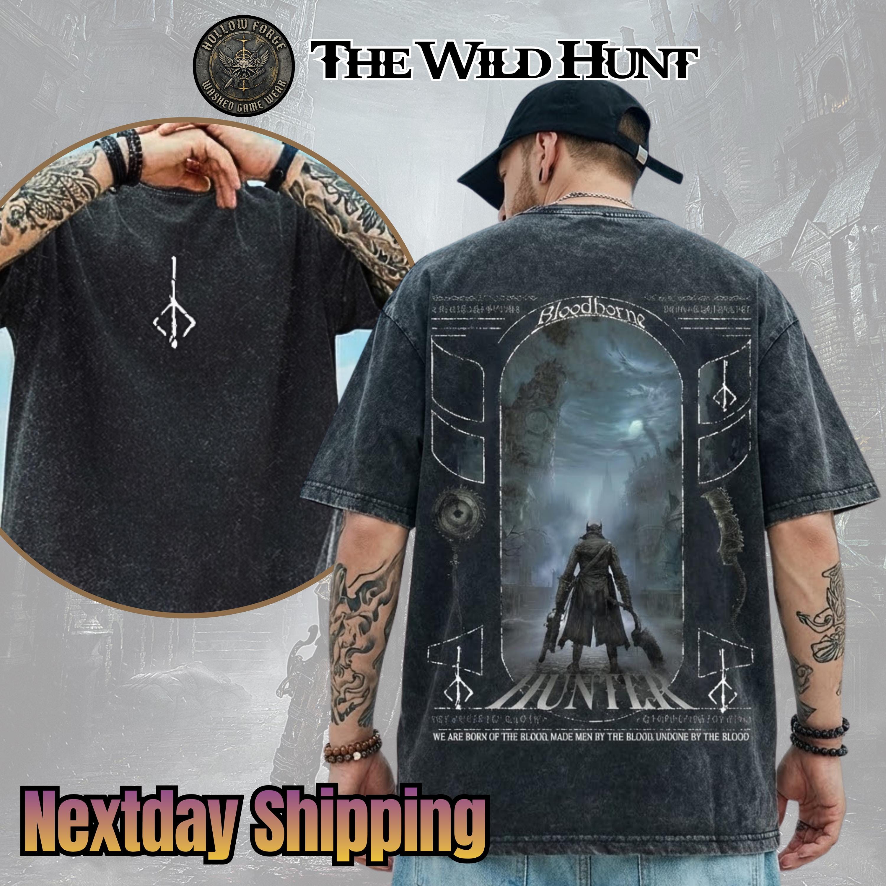 The Hunter Bloodborne Elden Ring Retro Vintage Unisex Oversize Anime Manga Acid Washed Heavyweight Cotton T-shirt, Anime Merch, Gaming gift